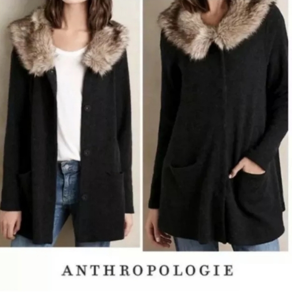MOTH for Anthropologie heathered slate Wool sweater jacket cardigan fur collar - Picture 2 of 12